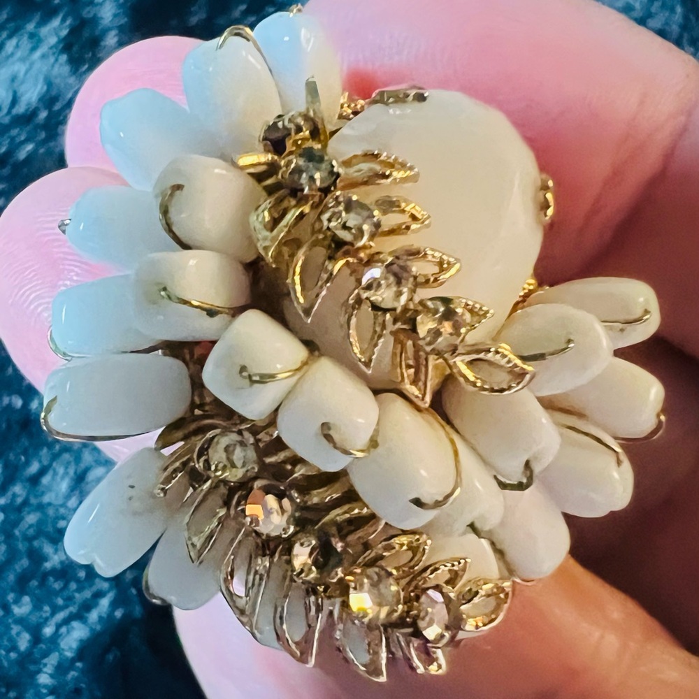 80. Vintage gold tone milk glass and Aurora Borealis rhinestone earrings